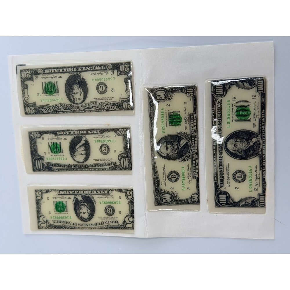 VIntage Toy 3" Plastic Puffy Stickers NOS 1980's Fake Play Dollars Money Bills - Picture 1 of 6